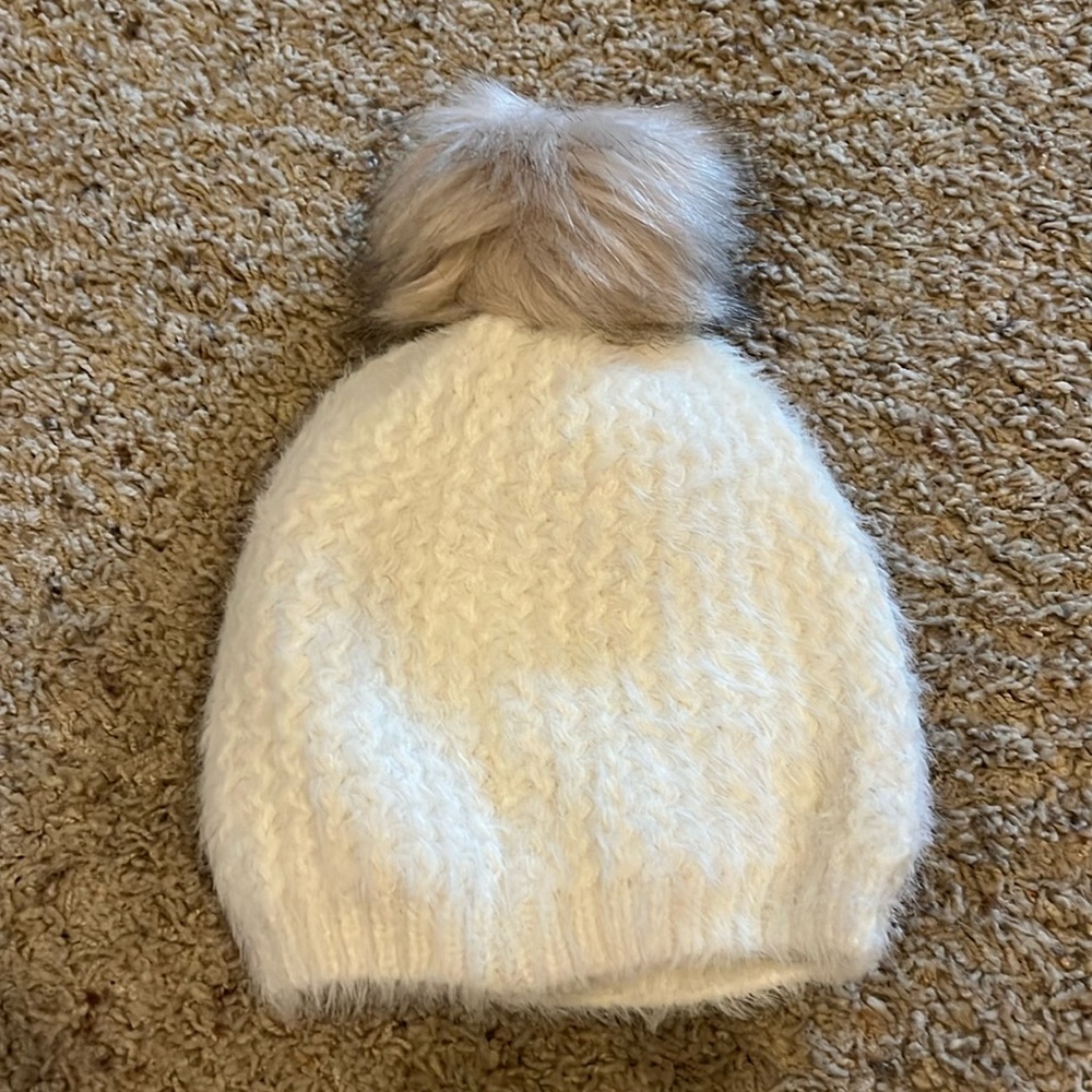 Cream Eyelash Fuzzy Beanie with Faux Fur Pom